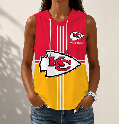 FINAL SALE - NEW CUSTOMIZED NFL01 KCC KANSAS CITY CHIEFS WOMEN'S SLEEVELESS HOODED POCKET TANK TOP