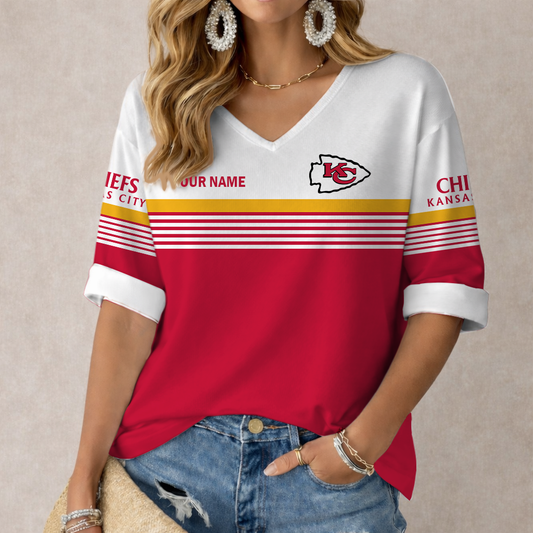 LIMITED EDITION - NEW CUSTOMIZED NFL01 KCC KANSAS CITY CHIEFS WOMEN'S HEART V-NECK LONG SLEEVE SHIRT