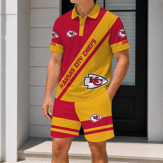 FINAL SALE - NEW CUSTOMIZED NFL01 KCC KANSAS CITY CHIEFS POLO SHIRT & SHORT PANTS SET