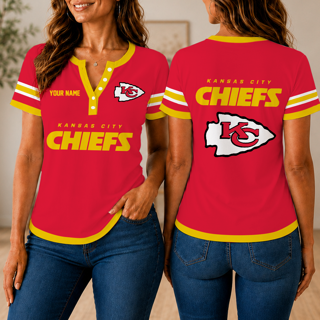SPECIAL EDITION - NEW CUSTOMIZED NFL01 KCC KANSAS CITY CHIEFS WOMEN'S SHORT SLEEVE HENLEY T-SHIRT