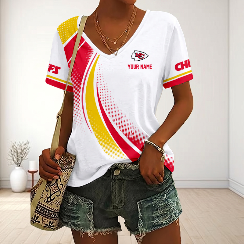 FINAL SALE - NEW CUSTOMIZED NFL01 KCC KANSAS CITY CHIEFS V-NECK FEMALE SHIRT