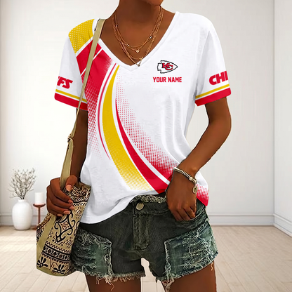 FINAL SALE - NEW CUSTOMIZED NFL01 KCC KANSAS CITY CHIEFS V-NECK FEMALE SHIRT