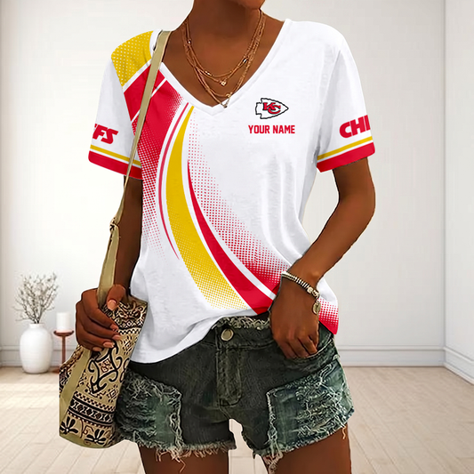 FINAL SALE - NEW CUSTOMIZED NFL01 KCC KANSAS CITY CHIEFS V-NECK FEMALE SHIRT