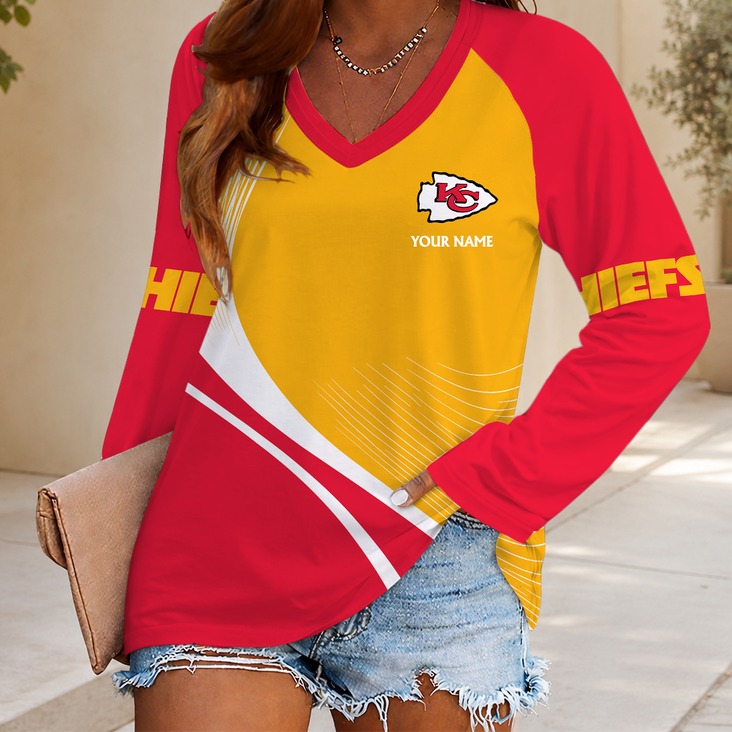 FINAL SALE - NEW CUSTOMIZED NFL01 KCC KANSAS CITY CHIEFS WOMEN'S V-NECK LONG SLEEVED SHIRT