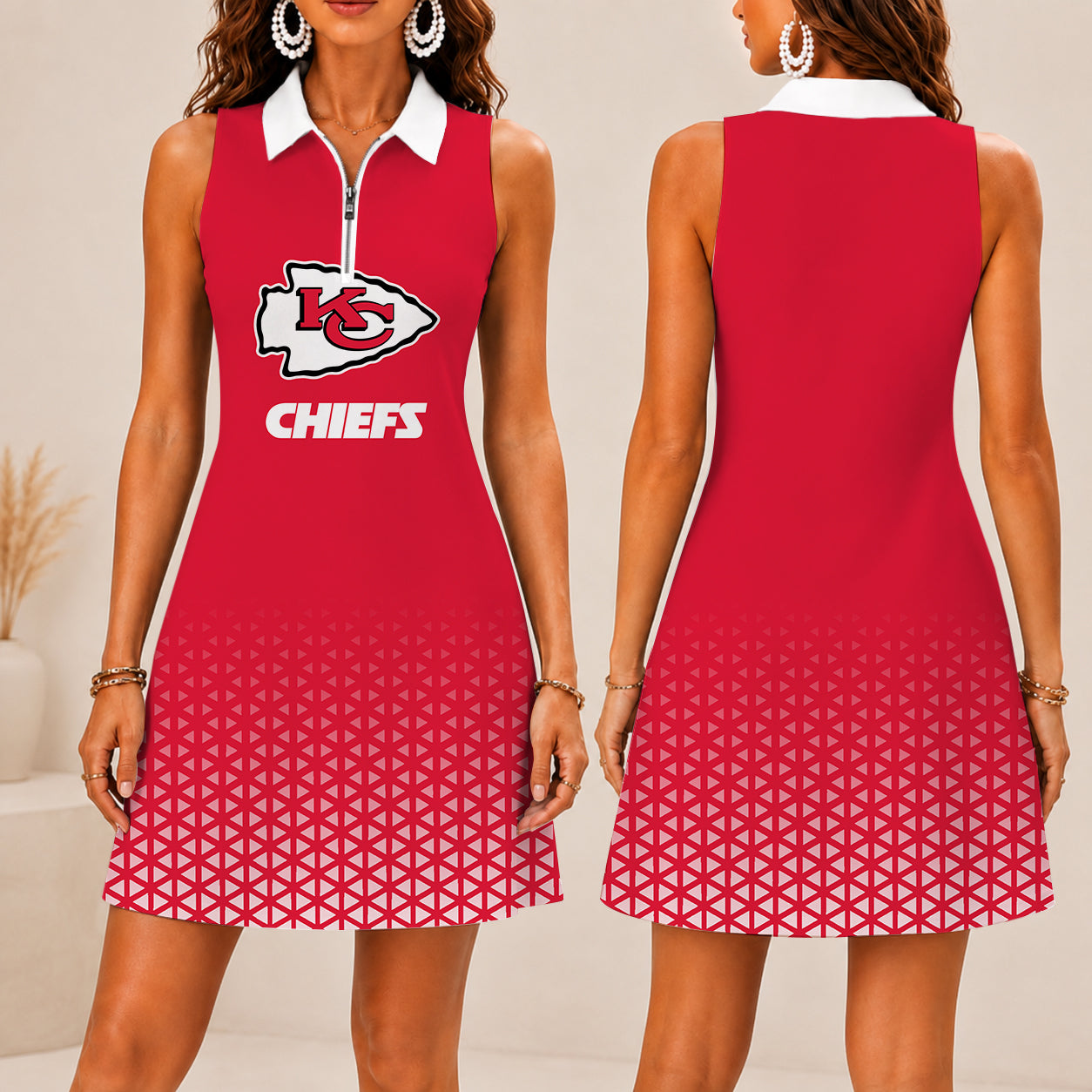 LIMITED EDITION - NEW CUSTOMIZED NFL01 KCC KANSAS CITY CHIEFS WOMEN'S ZIP SLEEVELESS POLO DRESS