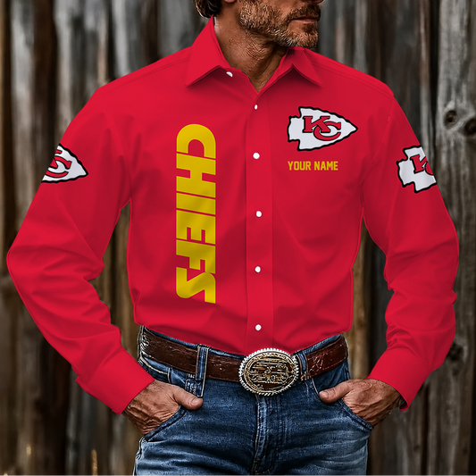 LIMITED EDITION - NEW CUSTOMIZED NFL01 KCC KANSAS CITY CHIEFS MEN'S LONG SLEEVE BUTTON-UP SHIRT