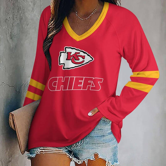 FLASH SALE - NEW CUSTOMIZED NFL01 KCC KANSAS CITY CHIEFS WOMEN'S V-NECK LONG SLEEVED SHIRT