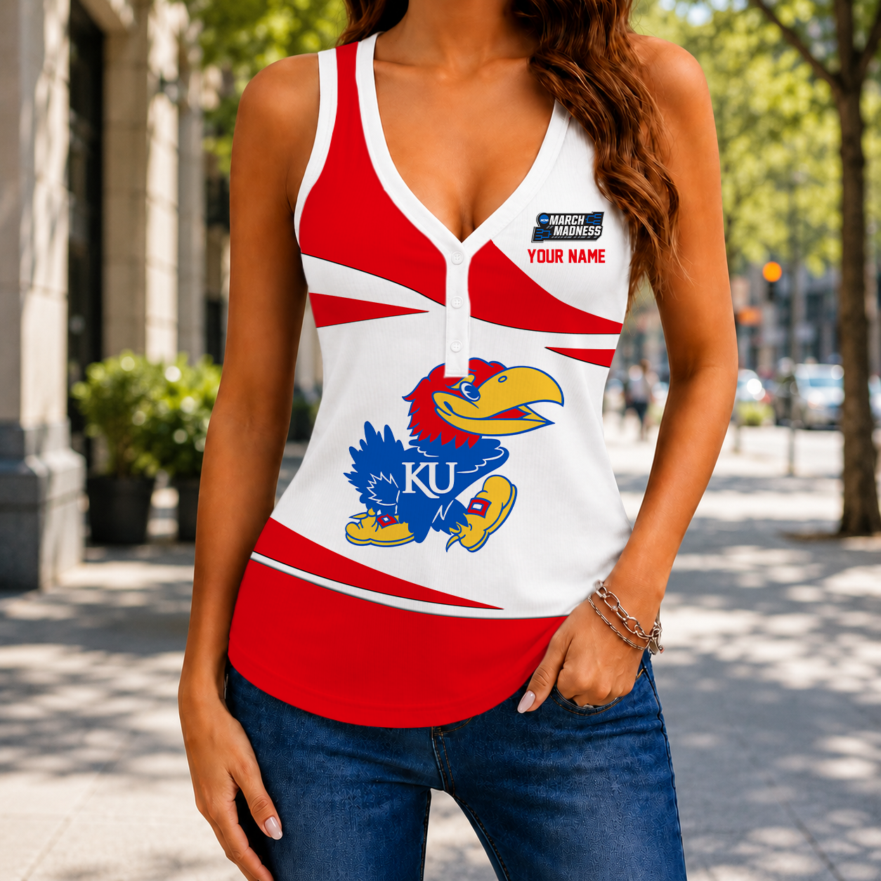 VIRAL EDITION - NEW CUSTOMIZED NCAA MAM01 KSJ KANSAS JAYHAWKS WOMEN'S V-NECK TANK TOP