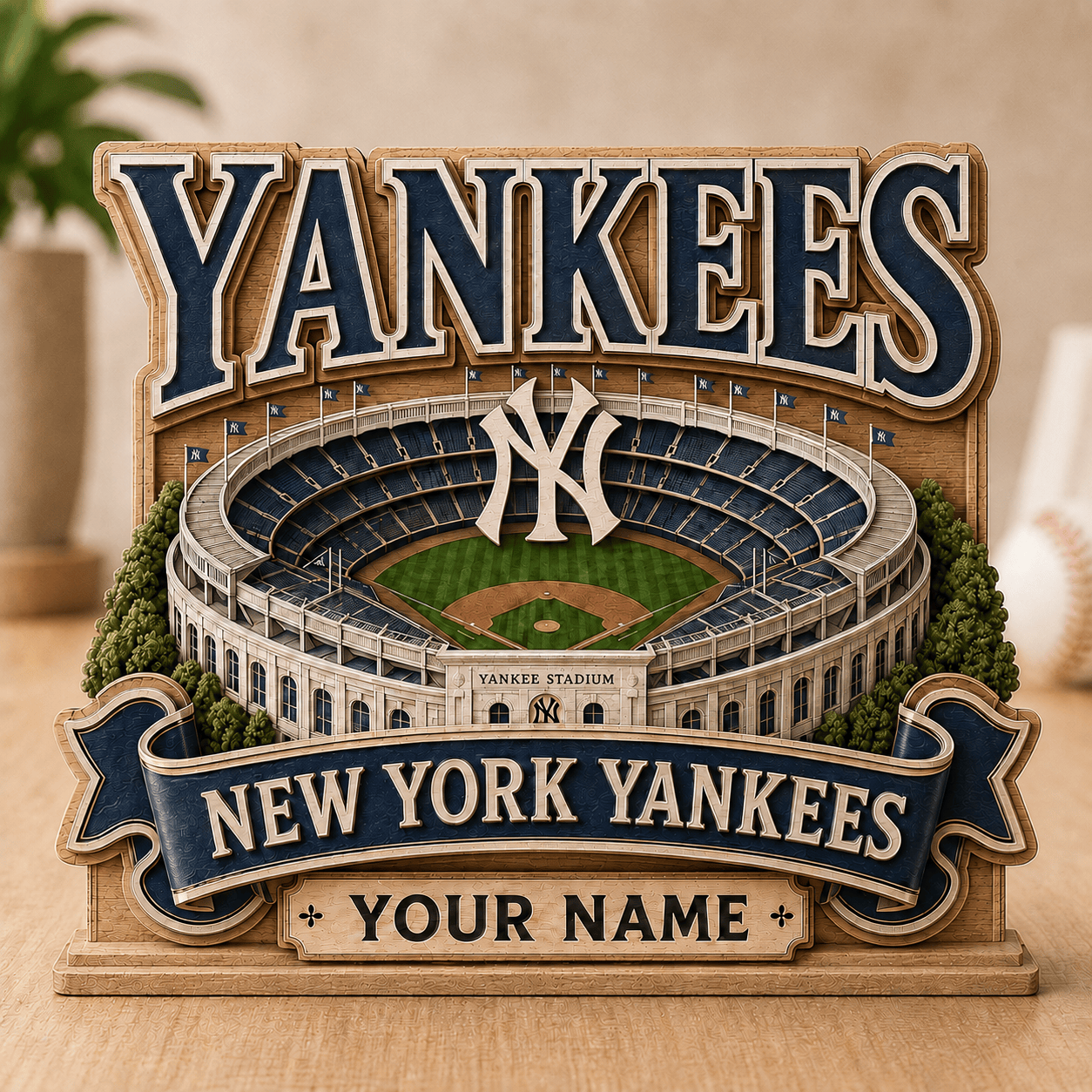 FLASH SALE - NEW CUSTOMIZED MLB01 NYY NEW YORK YANKEES 3-LAYER WOODEN BLOCK