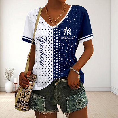 FINAL SALE - NEW CUSTOMIZED MLB01 NYY NEW YORK YANKEES V-NECK FEMALE SHIRT