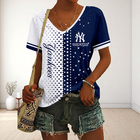 FINAL SALE - NEW CUSTOMIZED MLB01 NYY NEW YORK YANKEES V-NECK FEMALE SHIRT