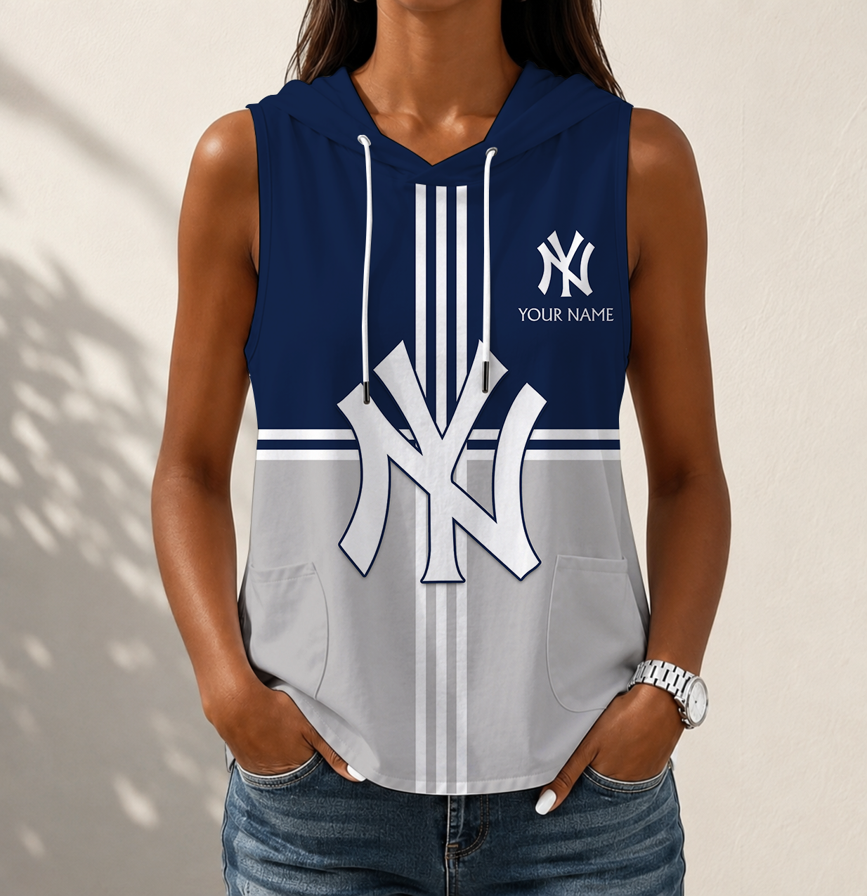 VIRAL EDITION - NEW CUSTOMIZED MLB01 NYY NEW YORK YANKEES WOMEN'S SLEEVELESS HOODED POCKET TANK TOP