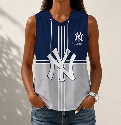 VIRAL EDITION - NEW CUSTOMIZED MLB01 NYY NEW YORK YANKEES WOMEN'S SLEEVELESS HOODED POCKET TANK TOP