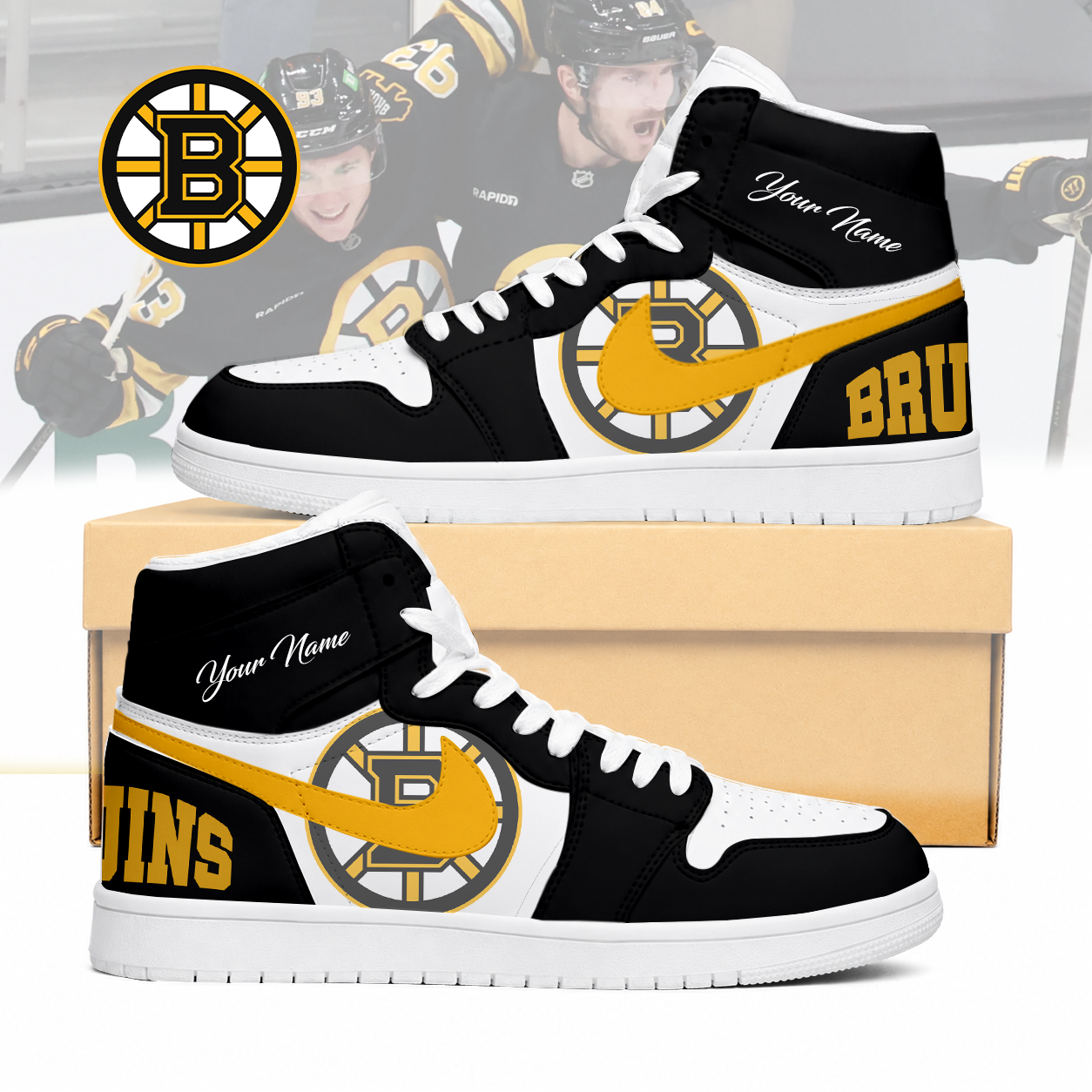 FINAL SALE - NEW CUSTOMIZED NHL02 BTB BOSTON BRUINS AIR JORDAN SNEAKERS