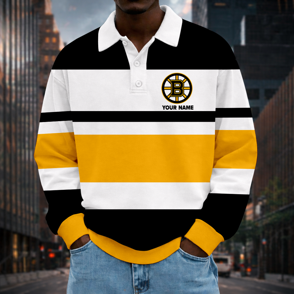 LIMITED EDITION - NEW CUSTOMIZED NHL02 BTB BT BRUINS MEN LONG SLEEVE POLO