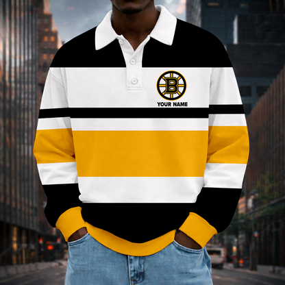 LIMITED EDITION - NEW CUSTOMIZED NHL02 BTB BT BRUINS MEN LONG SLEEVE POLO