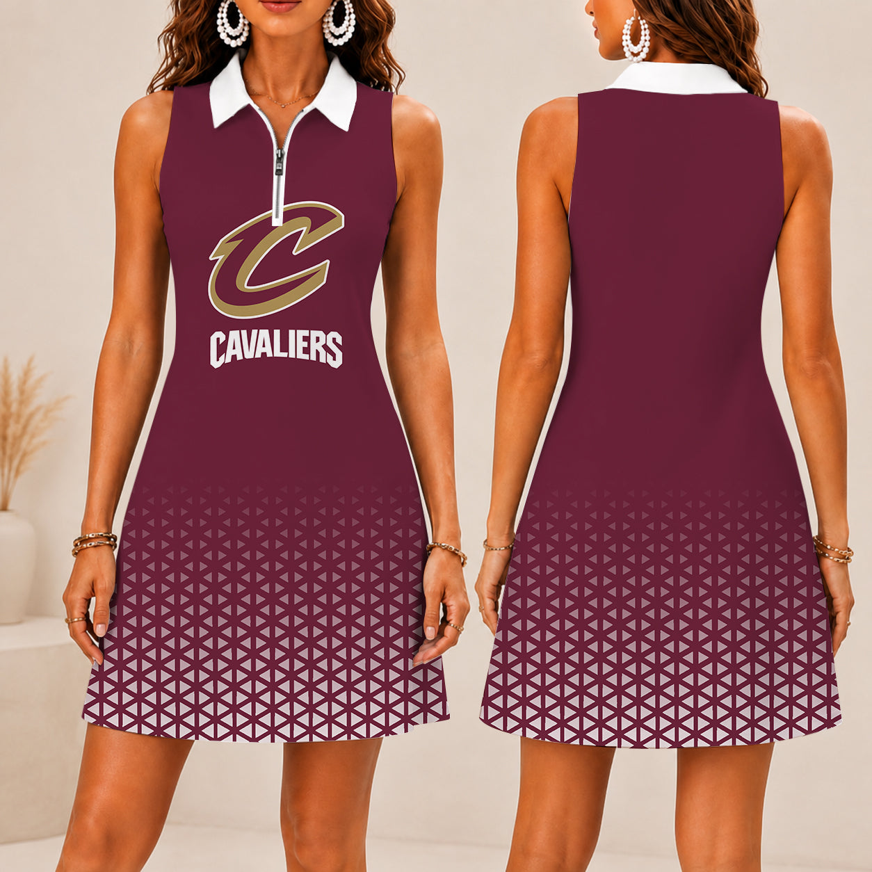 FINAL SALE - NEW CUSTOMIZED NBA02 CCA CLEVELAND CAVALIERS  WOMEN'S ZIP SLEEVELESS POLO DRESS