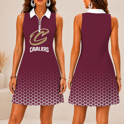 FINAL SALE - NEW CUSTOMIZED NBA02 CCA CLEVELAND CAVALIERS  WOMEN'S ZIP SLEEVELESS POLO DRESS