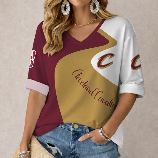 FINAL SALE - NEW CUSTOMIZED NBA02 CCA CLEVELAND CAVALIERS WOMEN'S V-NECK LONG SLEEVE SHIRT