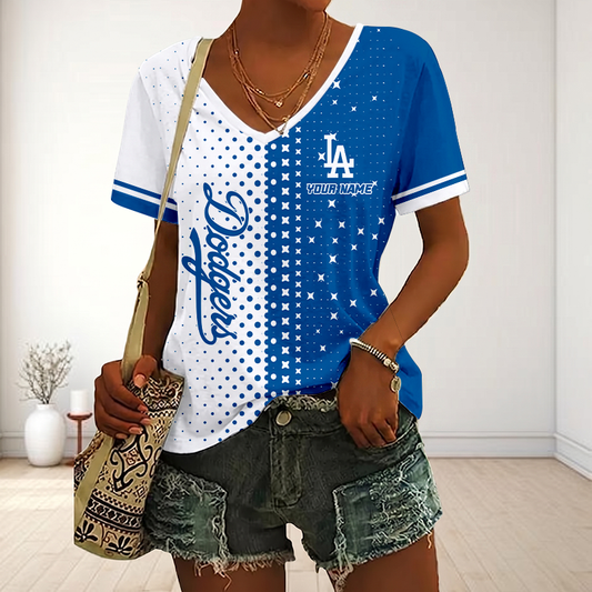 FINAL SALE - NEW CUSTOMIZED MLB02 LAD LOS ANGELES DODGERS V-NECK FEMALE SHIRT