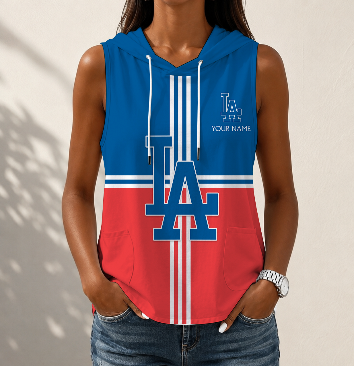 VIRAL EDITION - NEW CUSTOMIZED MLB02 LAD LOS ANGELES DODGERS WOMEN'S SLEEVELESS HOODED POCKET TANK TOP