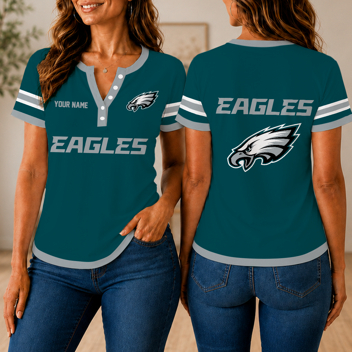 SPECIAL EDITION - NEW CUSTOMIZED NFL02 PPE PHILADELPHIA EAGLES WOMEN'S SHORT SLEEVE HENLEY T-SHIRT