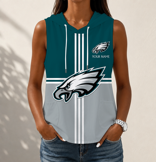 FINAL SALE - NEW CUSTOMIZED NFL02 PPE PHILADELPHIA EAGLES WOMEN'S SLEEVELESS HOODED POCKET TANK TOP