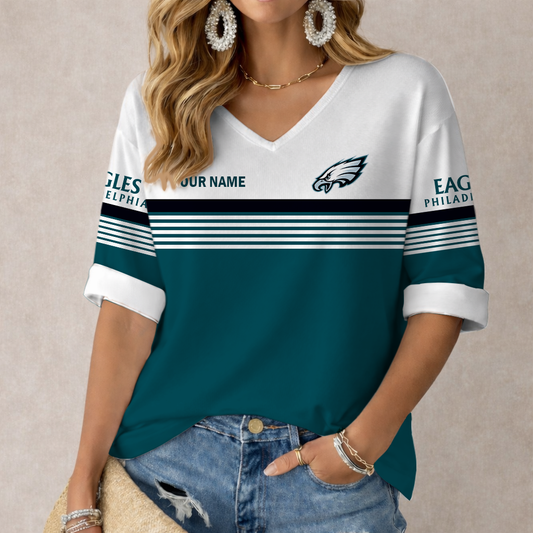 LIMITED EDITION - NEW CUSTOMIZED NFL02 PPE PHILADELPHIA EAGLES WOMEN'S HEART V-NECK LONG SLEEVE SHIRT