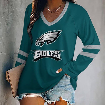 FLASH SALE - NEW CUSTOMIZED NFL02 PPE PHILADELPHIA EAGLES WOMEN'S V-NECK LONG SLEEVED SHIRT
