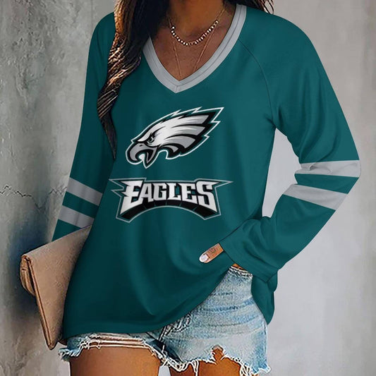 FLASH SALE - NEW CUSTOMIZED NFL02 PPE PHILADELPHIA EAGLES WOMEN'S V-NECK LONG SLEEVED SHIRT