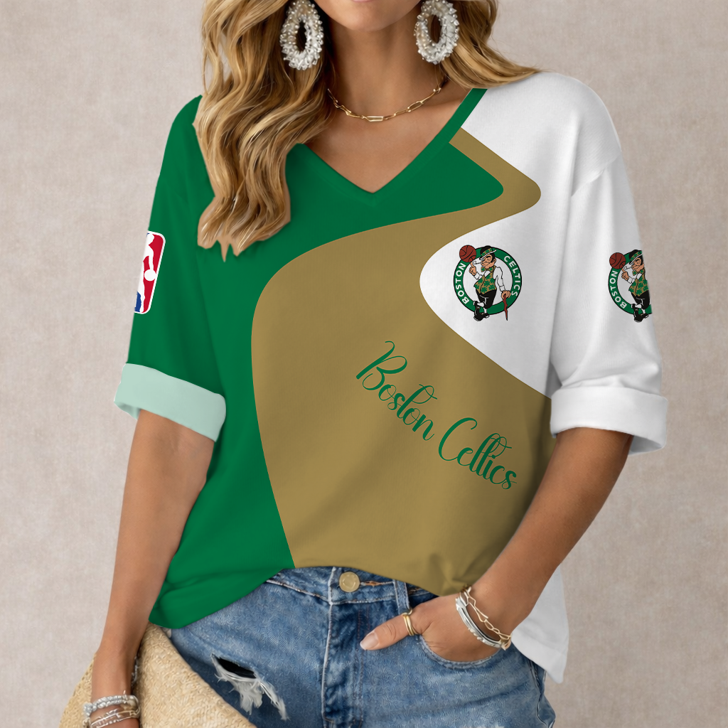 FINAL SALE - NEW CUSTOMIZED NBA03 BCE BOSTON CELTICS WOMEN'S V-NECK LONG SLEEVE SHIRT