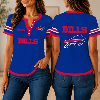 SPECIAL EDITION - NEW CUSTOMIZED NFL03 BFB BUFFALO BILLS WOMEN'S SHORT SLEEVE HENLEY T-SHIRT