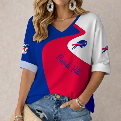FINAL SALE - NEW CUSTOMIZED NFL03 BFB BUFFALO BILLS WOMEN'S V-NECK LONG SLEEVED SHIRT