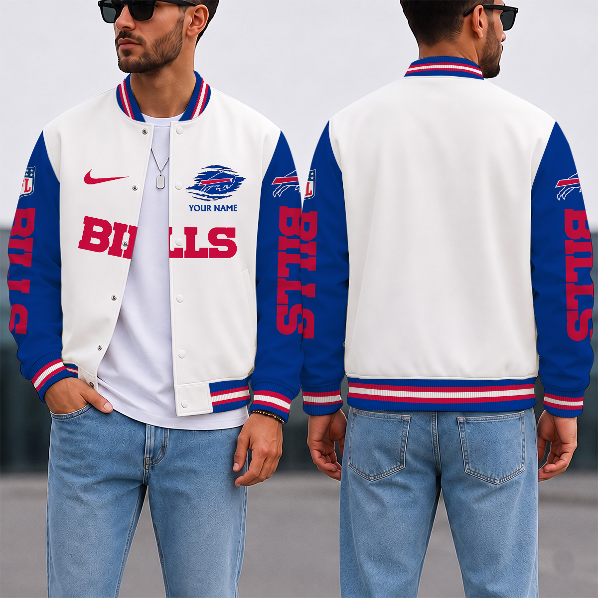 SPECIAL EDITION - NEW CUSTOMIZED NFL03 BFB BUFFALO BILLS SATIN VARSITY & BASEBALL JACKET