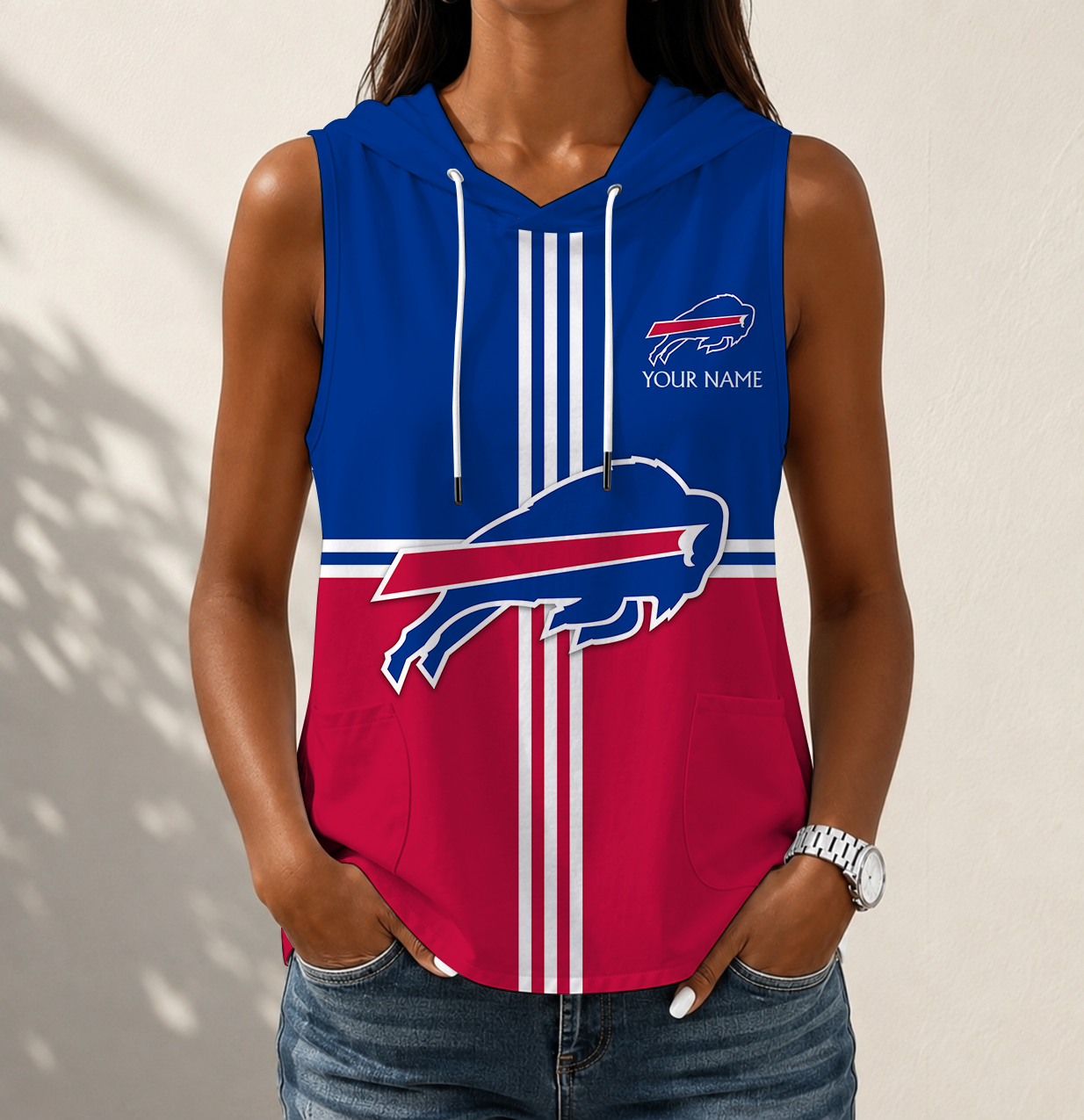 FINAL SALE - NEW CUSTOMIZED NFL03 BFB BUFFALO BILLS WOMEN'S SLEEVELESS HOODED POCKET TANK TOP