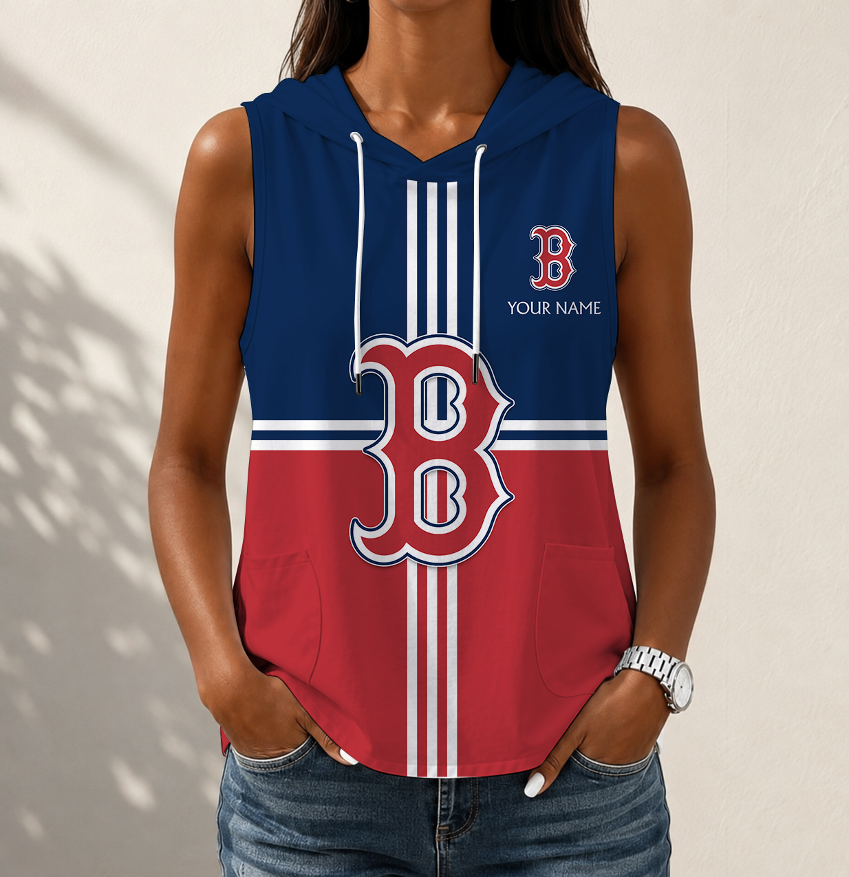 VIRAL EDITION - NEW CUSTOMIZED MLB03 BRS BOSTON RED SOX WOMEN'S SLEEVELESS HOODED POCKET TANK TOP