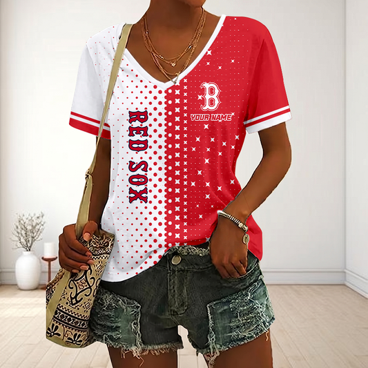 FINAL SALE - NEW CUSTOMIZED MLB03 BRS BOSTON RED SOX V-NECK FEMALE SHIRT