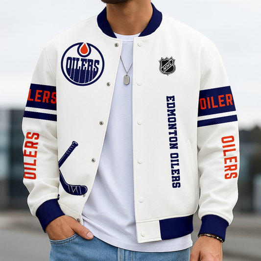 LIMITED EDITION - NEW CUSTOMIZED NHL03 EMO ED OILERS BASEBALL JACKET, SATIN VARSITY JACKET