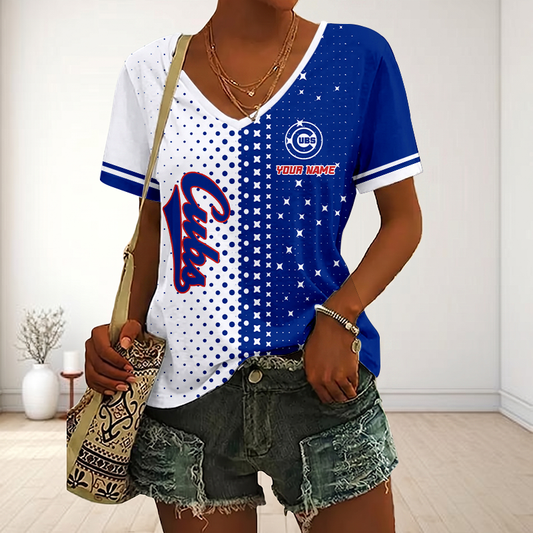 FINAL SALE - NEW CUSTOMIZED MLB04 CCS CHICAGO CUBS V-NECK FEMALE SHIRT