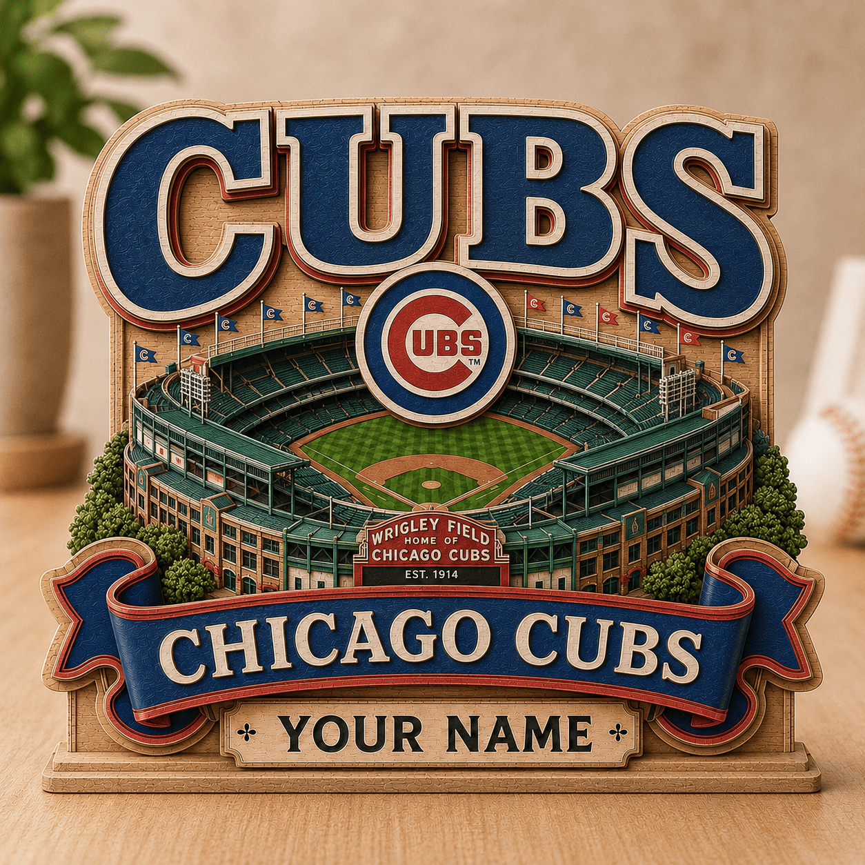 FLASH SALE - NEW CUSTOMIZED MLB04 CCS CHICAGO CUBS 3-LAYER WOODEN BLOCK