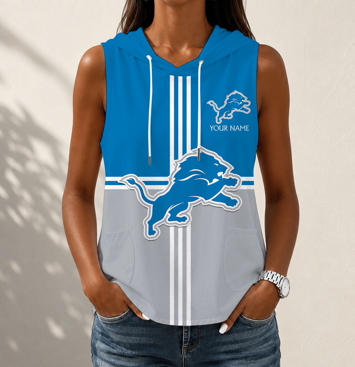 FINAL SALE - NEW CUSTOMIZED NFL04 DTL DETROIT LIONS WOMEN'S SLEEVELESS HOODED POCKET TANK TOP