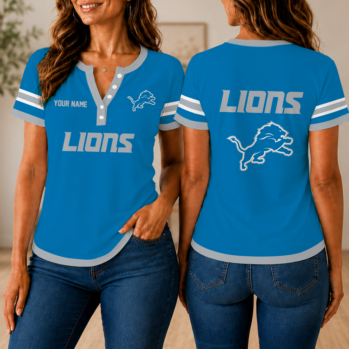 SPECIAL EDITION - NEW CUSTOMIZED NFL04 DTL DETROIT LIONS WOMEN'S SHORT SLEEVE HENLEY T-SHIRT