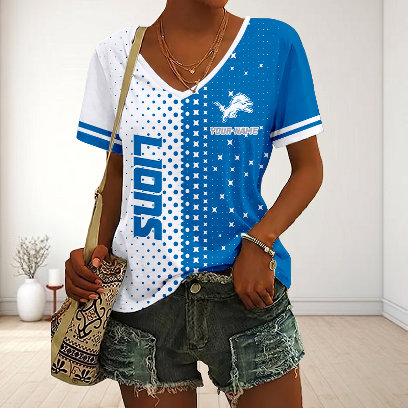 FINAL SALE - NEW CUSTOMIZED NFL04 DTL DETROIT LIONS V-NECK FEMALE SHIRT