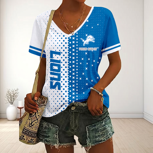 FINAL SALE - NEW CUSTOMIZED NFL04 DTL DETROIT LIONS V-NECK FEMALE SHIRT
