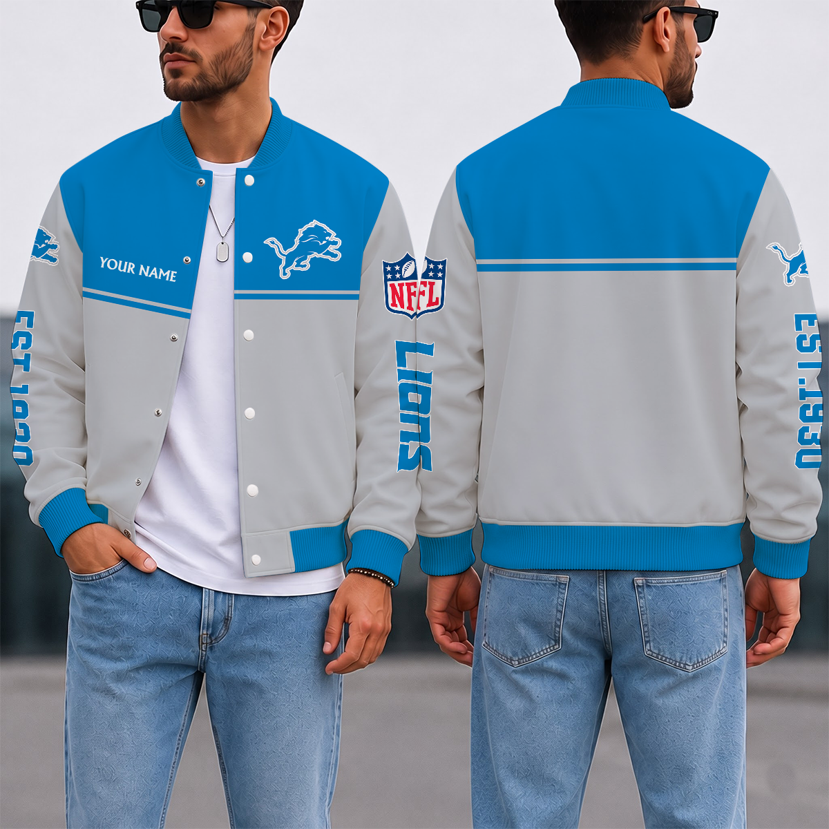 FINAL SALE - NEW CUSTOMIZED NFL04 DTL DETROIT LIONS SATIN VARSITY & BASEBALL JACKET