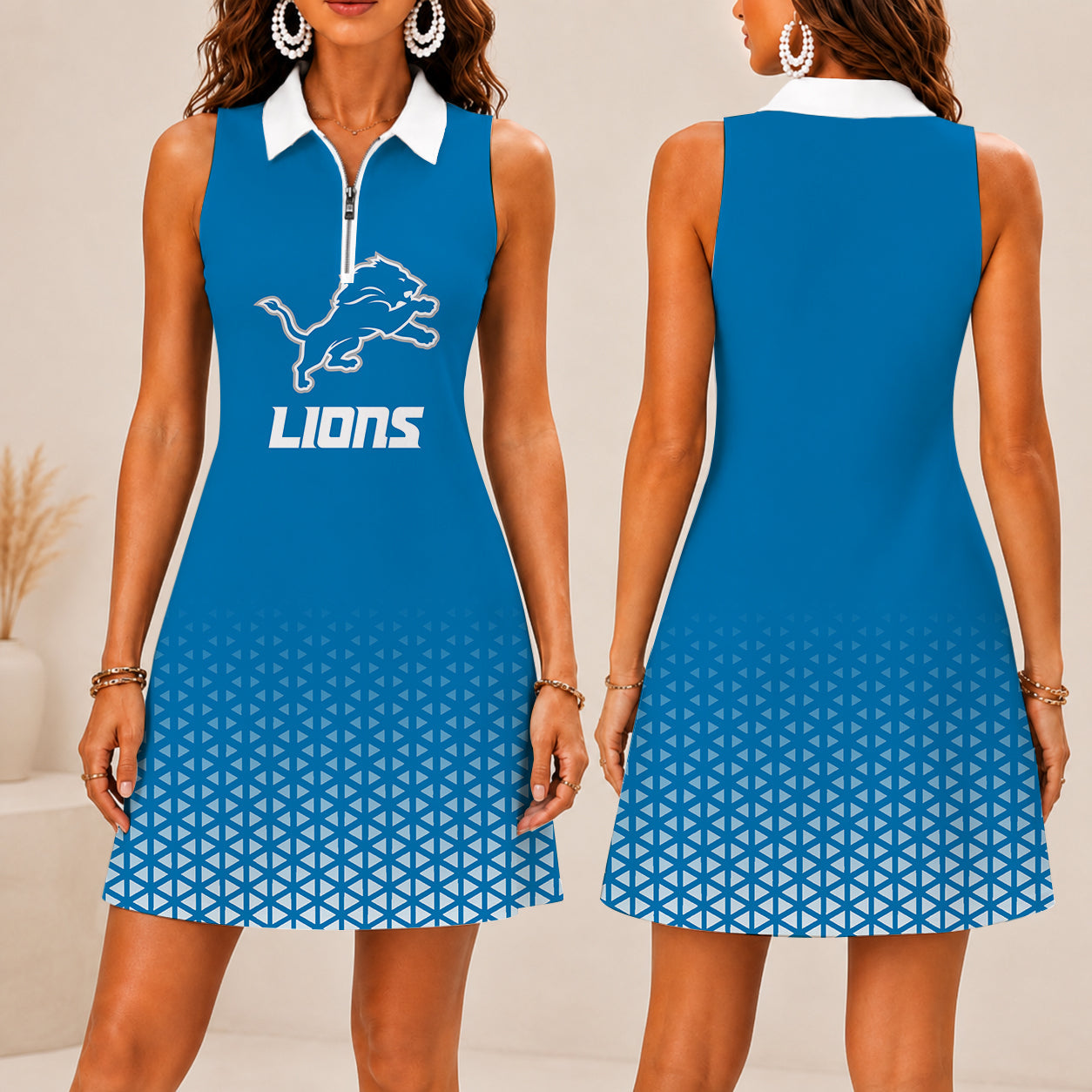 LIMITED EDITION - NEW CUSTOMIZED NFL04 DTL DETROIT LIONS WOMEN'S ZIP SLEEVELESS POLO DRESS