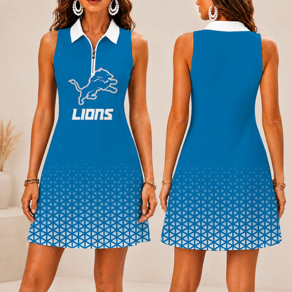 LIMITED EDITION - NEW CUSTOMIZED NFL04 DTL DETROIT LIONS WOMEN'S ZIP SLEEVELESS POLO DRESS