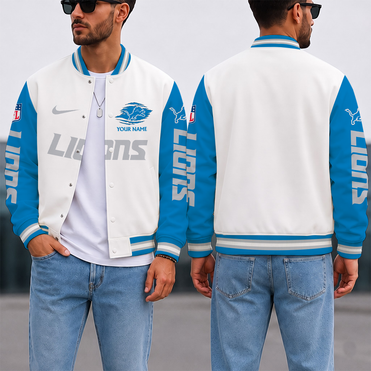SPECIAL EDITION - NEW CUSTOMIZED NFL04 DTL DETROIT LIONS SATIN VARSITY & BASEBALL JACKET