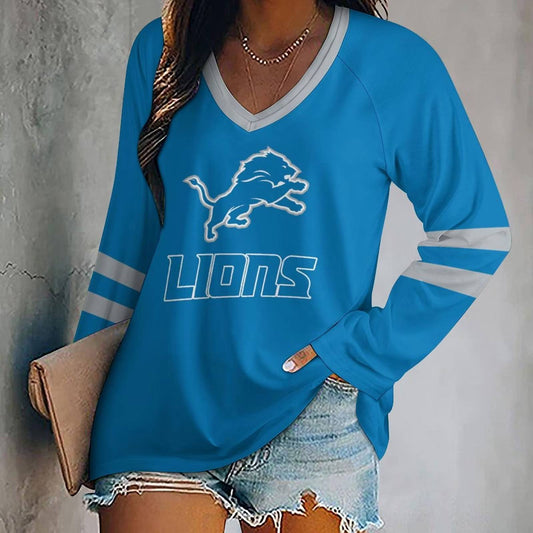 FLASH SALE - NEW CUSTOMIZED NFL04 DTL DETROIT LIONS WOMEN'S V-NECK LONG SLEEVED SHIRT