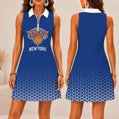 FINAL SALE - NEW CUSTOMIZED NBA04 NYK NEW YORK KNICKS  WOMEN'S ZIP SLEEVELESS POLO DRESS